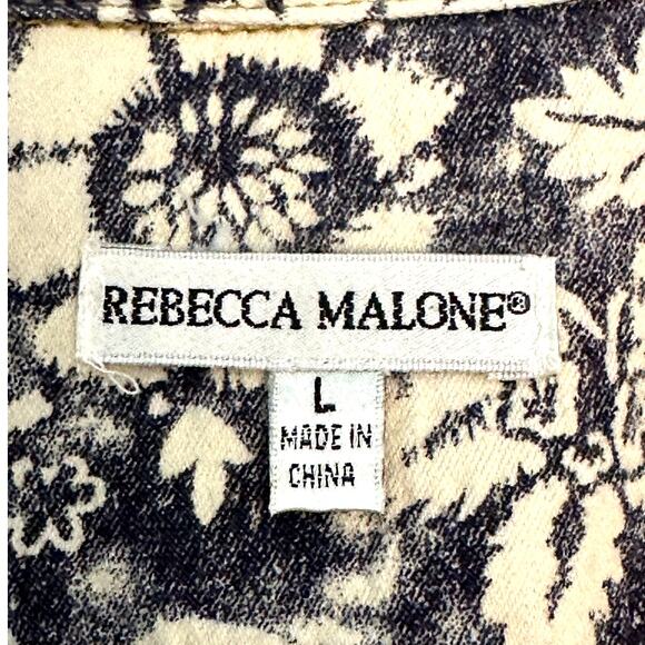 Rebecca Malone Floral Denim Blue & White Button Woman’s Blouse Shirt L Excellent - Picture 2 of 11
